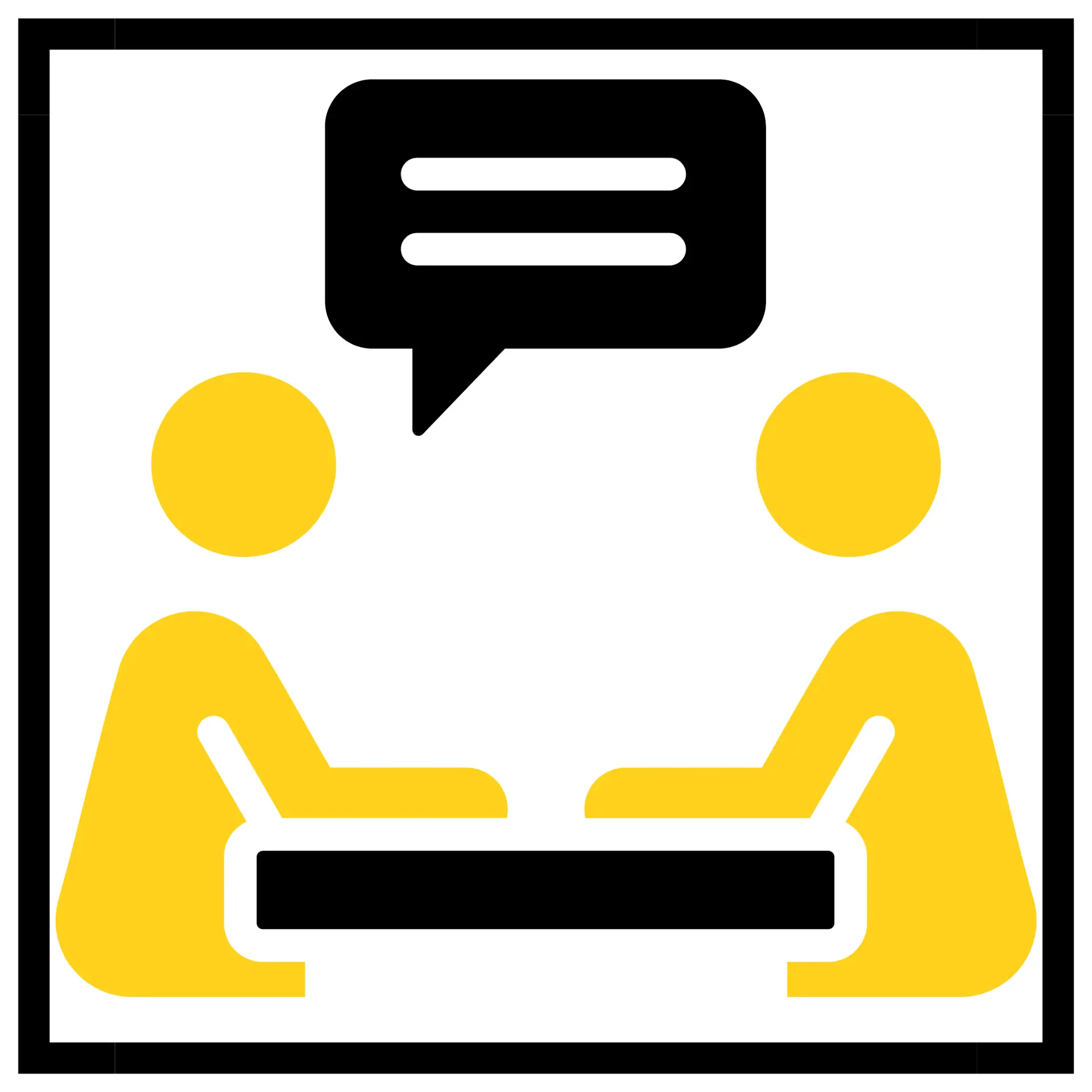 Black and yellow icon of two people seated facing each other with a speech bubble.