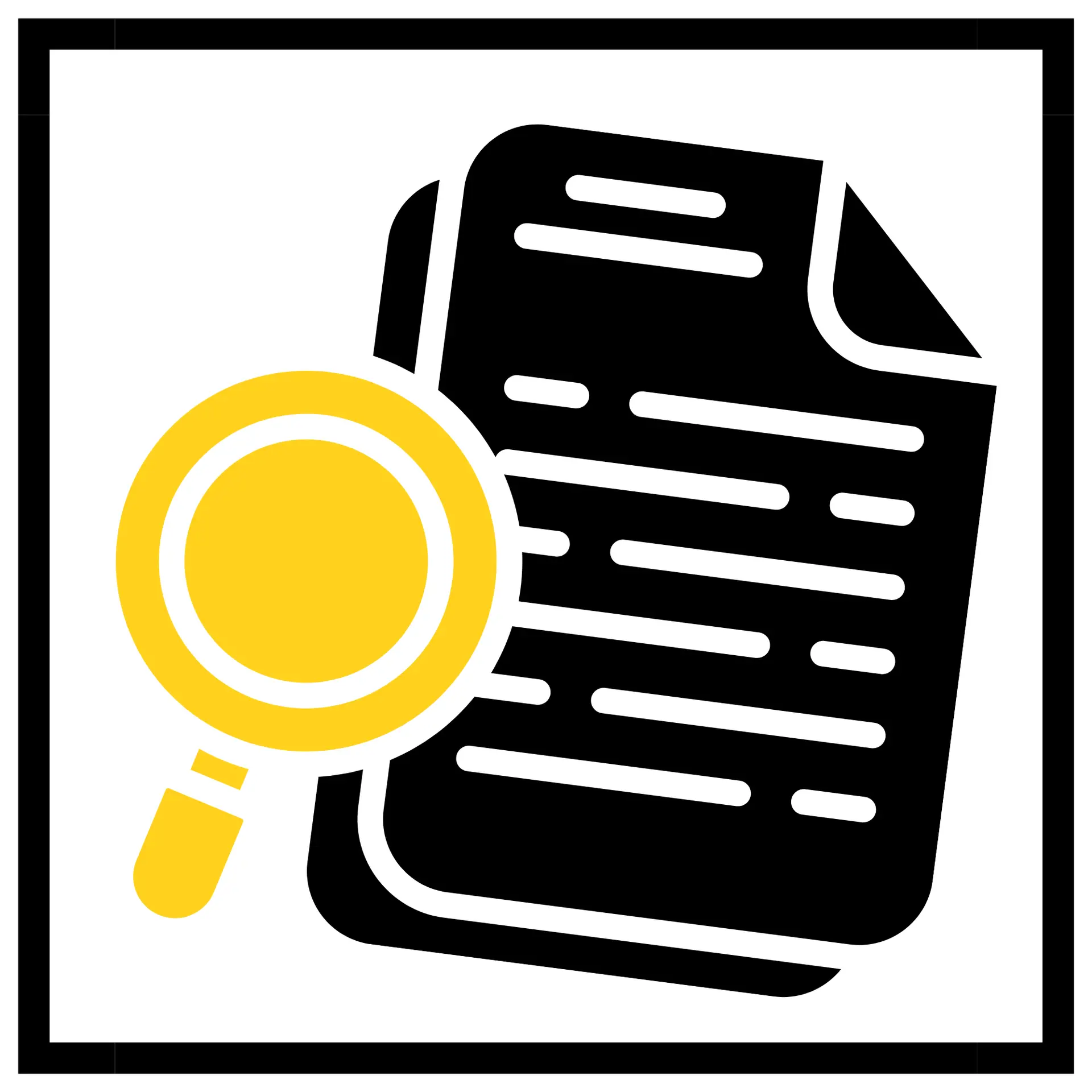 Black and yellow icon of a document of a magnifying glass.