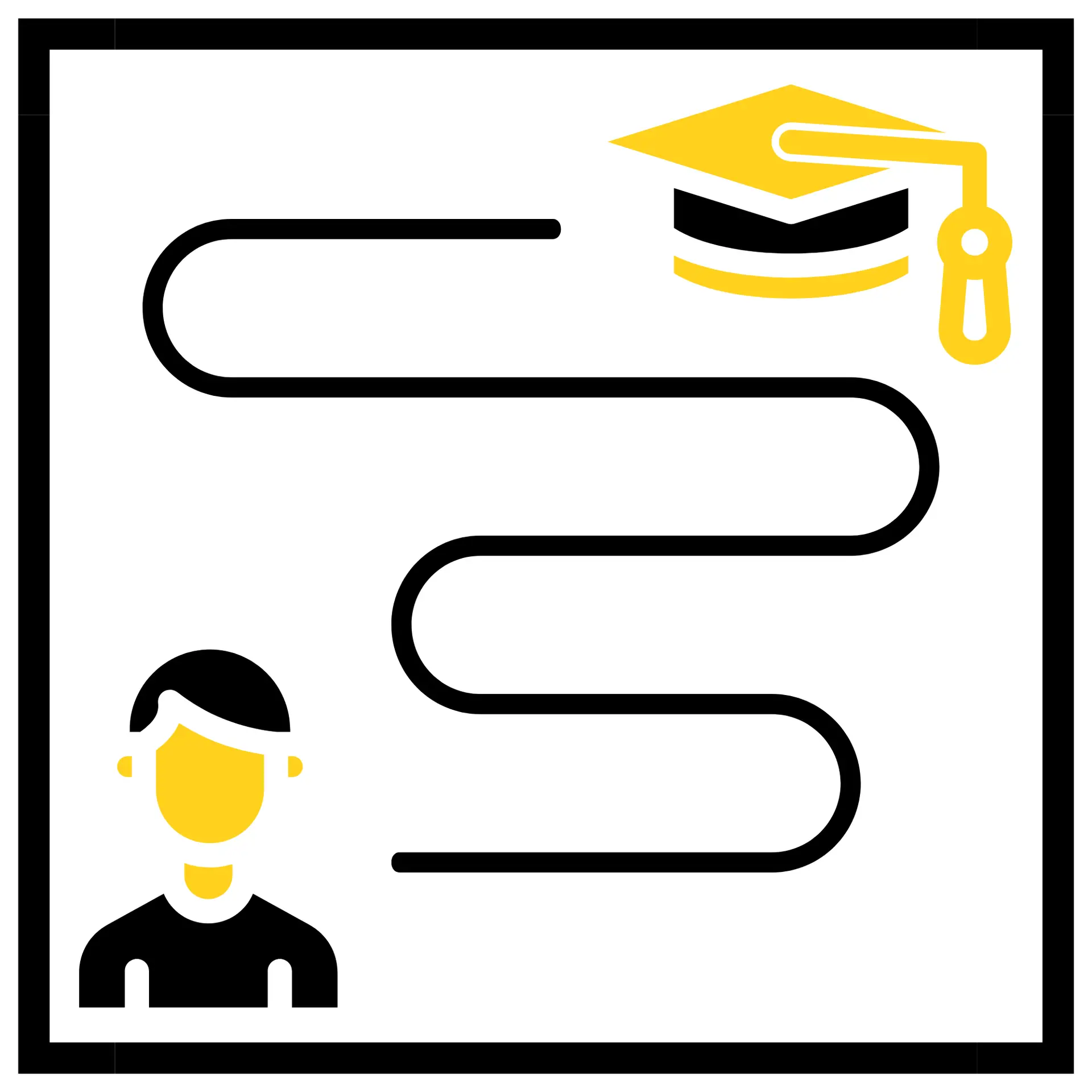 Black and yellow icon of a student with a path leading to a graduation cap
